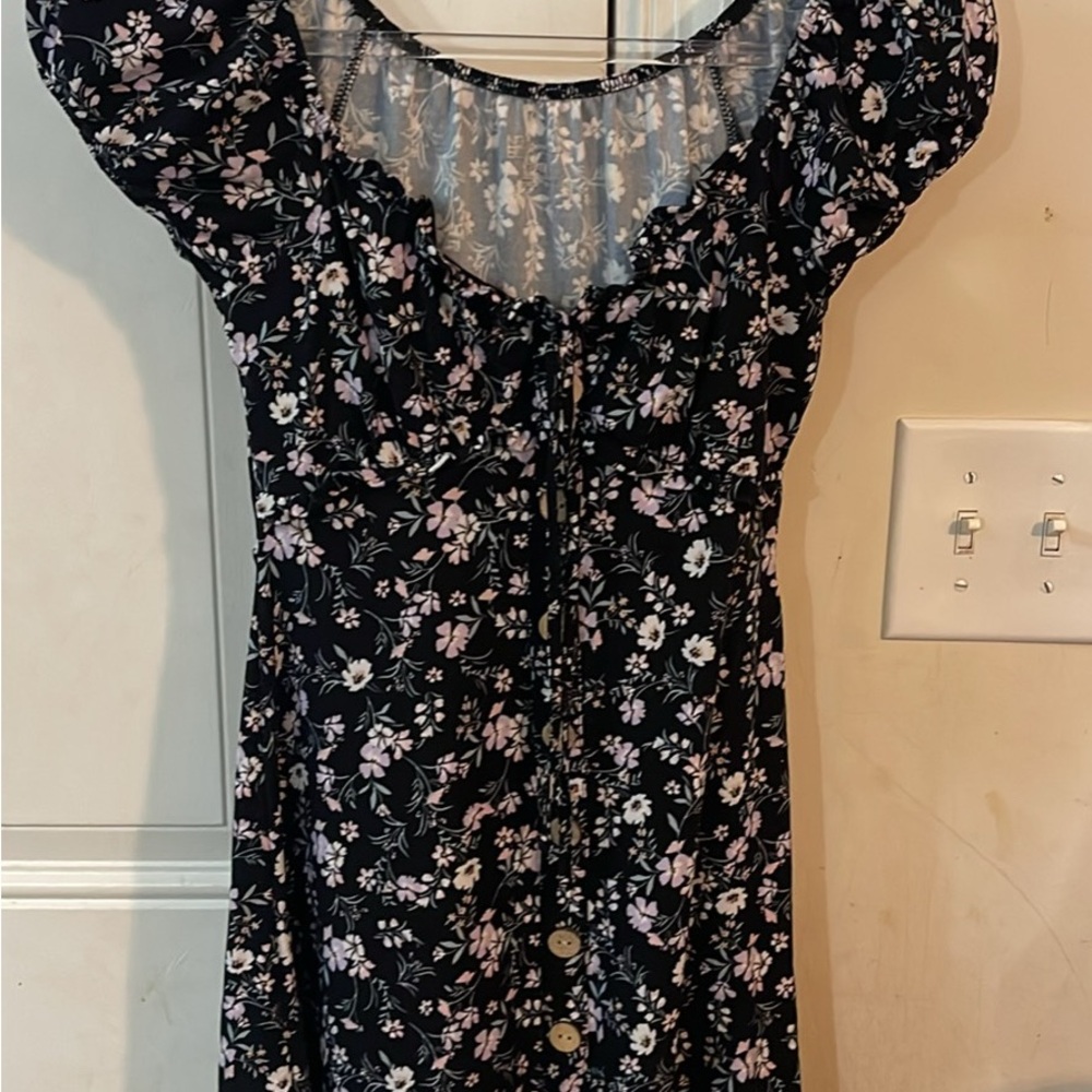 Black Floral Button-Front Dress with Pink & White Flowers